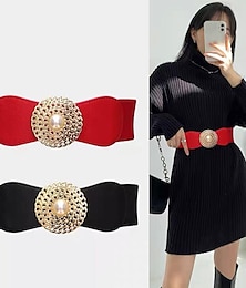 billiga -rund spänne kedja elastisk elastisk gördel kvinnlig ytterdräkt klänning pärla skiva svart retro bälte
