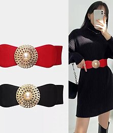abordables -Cadena de hebilla redonda elástica faja elástica vestido de traje exterior femenino disco de perla cinturón retro negro