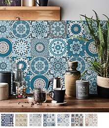 cheap -24pcs Creative Kitchen Bathroom Living Room Self-adhesive Wall Stickers Waterproof Fashion Blue Mandala Tile Stickers
