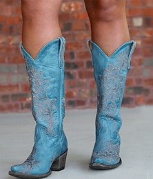 abordables -Botas de vaquero turquesa para mujer con intrincados bordados florales para un uso elegante y casual.