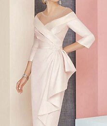 economico -Abito aderente Madre della sposa Ospite di matrimonio Elegante Vintage Taglia grande Collo a V Lunghezza al ginocchio Satin Maniche 3/4 con fascia  Raso arricciato per impressionare Dress Day