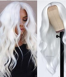 baratos -Perucas de cabelo de onda longa e solta cor branca perucas sintéticas de fibra resistente ao calor sem cola para moda feminina linha de cabelo natural perucas de festa de natal