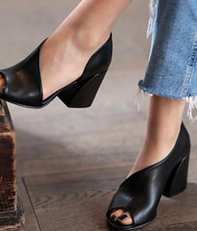 abordables -Sandalias negras de tacón grueso con punta abierta para mujer: elegantes zapatos de tacón abierto de piel sintética para la oficina y la fiesta