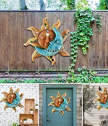 voordelige -hemelse metalen gouden-zon en blauwe maan gezicht wall art 3d decoratieve indoor outdoor plaque vinyl ornamenten waterdicht duurzaam thuis opknoping retro stijl decor voor woonkamer kantoor tuin