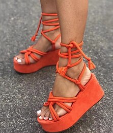 abordables -Sandalias de plataforma con cordones y cuerda de color naranja para mujer: tacones de cuña bohemios para usar en la playa y festivales en verano