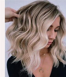 cheap -Natalie Portman Wig Ombre Short Curly Wig Synthetic Hair Ash Blonde Wig Ombre Brown Wigs for Women Best Glueless Blonde Wigs with Side Part Mixed Blonde Wig Wigs Christmas Party Wigs