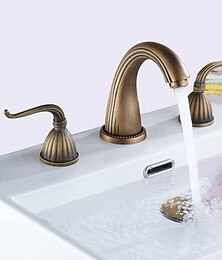 baratos -Widespread Bathroom Sink Mixer Faucet, Vintage Brass 3 Hole 2 Handles Basin Taps, Retro Style Bathroom Tap Contain with Cold and Hot Water Hose