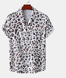 preiswerte -Herren Leopard Hemd Knopfhemd Kurzarm Tropisch Designer Casual Täglich Festtage Umlegekragen Schwarzgrau Weiß Rosa Marineblau Blau