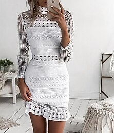 cheap -Women's Wedding Guest Dress Homecoming Dress Lace Dress Party Dress Sheath Dress Mini Dress White Long Sleeve Pure Color Lace Winter Fall High Neck Fashion Winter Dress