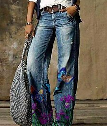 billiga -dammode raka jeans breda ben sidfickor tryck full längd byxor casual helg mikroelastisk blomma / blommig komfort lös svart 3xl