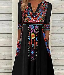 cheap -Women's Casual Dress Ethnic Dress Shift Dress Midi Dress Black Half Sleeve Floral Pocket Fall Spring Summer V Neck Vintage Birthday Daily Date 2023 S M L XL XXL 3XL