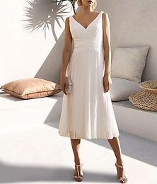 cheap -A-Line White Cocktail Dresses Elegant Graduation Dress Formal Wedding Guest Tea Length Sleeveless V Neck Chiffon with Ruched Pure Color 2024