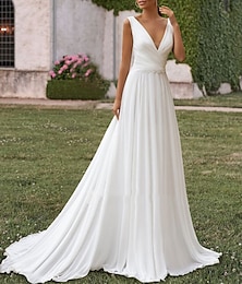 economico -Cerimonia di Matrimonio in Spiaggia Vestiti Casual A-Line Collo a V Senza Maniche Strascico Chiffon Abiti da Sposa con Pieghe Perle