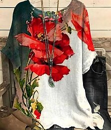 abordables -Blusa de Talla Grande de Mujer Floral Vintage Streetwear Vacaciones Manga Corta Manga Dolman Cuello Redondo Tops Regulares Vacaciones Diaria Estampado Amarillo Rojo Verano Primavera