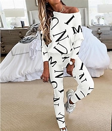 cheap -Women's Loungewear Sweatsuit Sets 2 Pieces Letter Sport Comfort Home Street Vacation Polyester Off Shoulder Long Sleeve Pullover Pant Spring Fall Black White