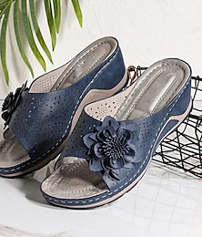 cheap -Women's Slippers Wedge Sandals Outdoor Slippers Comfort Shoes Outdoor Daily Beach Solid Color Solid Colored Summer Flower Wedge Heel Open Toe Classic Casual Walking PU Leather Faux Leather Loafer