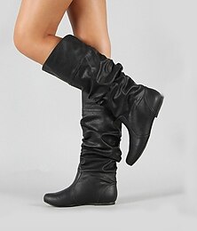 abordables -Botas negras holgadas hasta la rodilla para mujer: botas casuales de piel sintética con tacón plano para otoño e invierno