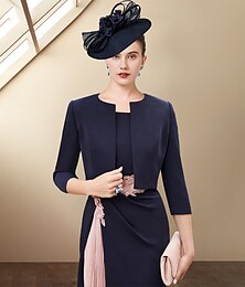 abordables -Robe de mère de la mariée en deux pièces invitée de mariage église en tissu extensible sans manches veston court avec plis cristaux robe color block jour de course