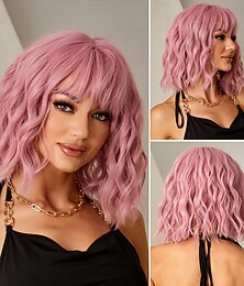 economico -parrucche bob rosa parrucca sintetica per capelli corti naturali ondulati per le donne parrucche per feste di Natale resistenti al calore giornaliere ad alta densità