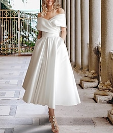 economico -Abito bianco per ricevimento Abiti per baby shower Abiti da sposa A-Line Spalle scoperte maniche a cappuccio lunghezza tè in raso abiti da sposa con pieghe arricciate