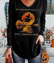 economico -T-shirt donna Halloween tunica nera blu verde stampa di fantasmi maniche lunghe collo a V taglio regolare vestibilità morbida S