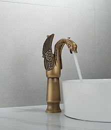 abordables -Grifo mezclador de lavabo de baño antiguo, grifos de lavabo de baño con forma de cisne de latón, acabado galvanizado de cobre, estilo vintage, grifos de agua de un solo orificio con manguera fría y caliente