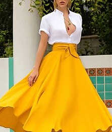 cheap -Women's Skirt Swing Work Skirts Long Skirt Maxi Skirts Solid Colored Performance Casual Daily Autumn / Fall Cotton Blend Streetwear Yellow Red Orange