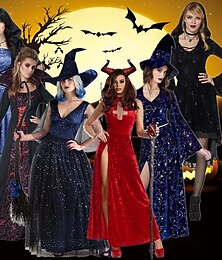 levne -Kostýmy pro páry párové čarodějnické kostýmy cosplay podle filmů víno červené černá a červená šaty na Halloween karnevalová maškarní na Walpurgis Night