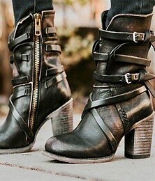abordables -Botines negros de piel sintética para mujer con detalle de cremallera y correa, elegantes botas de tacón medio para uso informal y occidental
