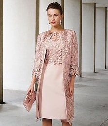 abordables -Robe de mère de la mariée en deux pièces ajustée église élégante col bijou longueur genoux chiffon dentelle manches courtes veste avec appliqués 2025 taille personnalisée gratuite