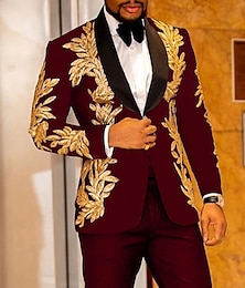 voordelige -Burgundy Men's Prom Suits Party Prom Suits Sequin Disco Sparkly Tuxedos 2 Piece Shawl Collar Floral Print Standard Fit Single Breasted One-button 2024