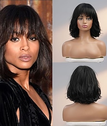 cheap -Human Hair Wig Short Straight With Bangs Black Soft Party Women Capless Brazilian Hair Women's Natural Black #1B 14 inch Party / Evening Daily Daily Wear