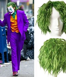 economico -Parrucca di Joaquin Phoenix Joker Cosplay Prop di Arthur Fleck Capelli Ricci Verdi Uomini Parrucche di Halloween Parrucche di San Patrizio