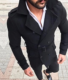 cheap -Men's Winter Coat Peacoat Short Coat Office Work Winter Fall Polyester Windproof Warm Outerwear Clothing Apparel Stylish Formal Style non-printing Pure Color Pocket Turndown Double Breasted