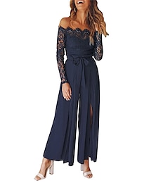 cheap -Women's Jumpsuit for Special Occasions Lace Backless Solid Color Off Shoulder Streetwear Going out Bar Regular Fit Long Sleeve Navy Blue S M L Winter