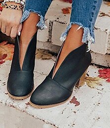 abordables -Botines negros para mujer: botines modernos sin cordones con corte en V y tacones gruesos para atuendos casuales y de otoño
