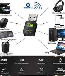 رخيصةأون -USB واي فاي بلوتوث محول 600 ميجابت في الثانية ثنائي النطاق 2.4 / 5 جيجاهرتز شبكة لاسلكية استقبال خارجي ميني واي فاي محول للكمبيوتر / الكمبيوتر المحمول / سطح المكتب