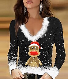 abordables -T-shirt femme festif renne manches longues col en V col en peluche fête de vacances décontracté hiver haut imprimé flocon de neige noir