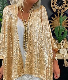 economico -Abiti da donna taglie forti in paillettes giacca formale da festa aperta davanti scintillante e luccicante maniche a 3/4 wraps per invitati a matrimonio in autunno con glitter per matrimoni di