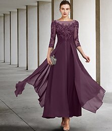 cheap -A-Line Mother of the Bride Dress Wedding Guest Elegant Plus Size Jewel Neck Ankle Length Chiffon Lace 3/4 Length Sleeve with Ruched Sequin Appliques 2024