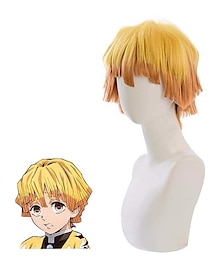 baratos -Agatsuma zenitsu peruca demon slayer cosplay peruca amarelo gradiente laranja cabelo curto encaracolado para homens perucas de halloween