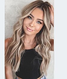 voordelige -lange ombre blonde pruik voor vrouwen 25 inch natuurlijke golvend dagelijks haar synthetische pruiken midden parthand gebonden/longlife/lichtgewicht