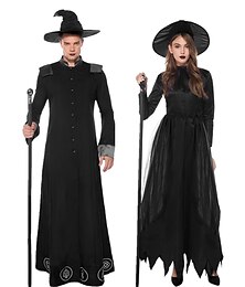 levne -Kostýmy pro páry cosplay čarodějnice a čaroděje párové kostýmy pro muže a ženy filmový cosplay černé šaty a klobouk karnevalová maškarní na Valentýna na Walpurgis Night