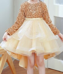 billiga -Barn Flickor Klänning Paljett Långärmad Fest Paljetter Prinsessa Ljuv Polyester Midi Vår Höst 4-13 år Rubinrött Guld
