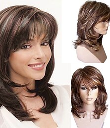 abordables -brun perruques pour femmes synthétique perruque bouclés minaj coupe de cheveux en couches perruque long moyen brun fraise blonde cheveux synthétiques pour la fête tous les jours