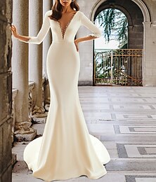 economico -Abiti da sposa formali abito da sirena scollo a V maniche lunghe strascico abiti da sposa in satin con cristalli e perline