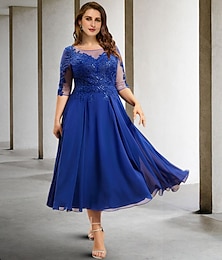 abordables -A-Line Plus Size Courbe Robes de mère de la mariée Robe élégante Invité de mariage formel Longueur thé Manches courtes Col bijou Chiffon avec plis Appliqués en sequins sans taille personnalisée