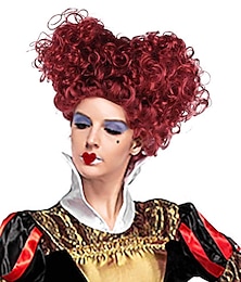 economico -parrucca per adulti nuova regina reale vino rosso capelli corti ricci con cuori accessori in stile lolita parrucche di halloween