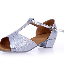 cheap -Girls' Latin Shoes Dance Shoes Performance Stage Indoor Sparkling Shoes Heel Glitter Low Heel Thick Heel T-Strap Silver Fuchsia Gold