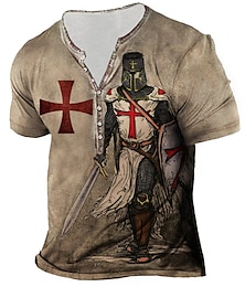 cheap -Men's Graphic Templar Cross Cross T shirt Henley Shirt Tee Short Sleeve 3D Print Designer Basic Casual Outdoor Daily Sports Summer Blue Purple Brown Green Gray Henley Henley T-Shirt